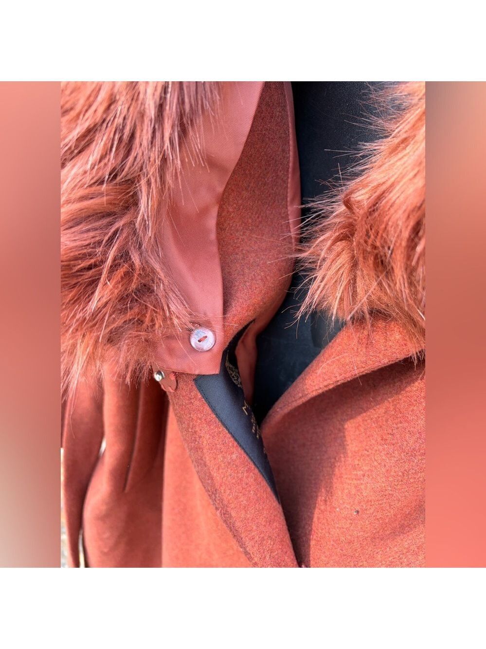 Zara Manteco Wool Penny Lane Faux Fur Collar Trench Wrap Coat Size 16 Rust - Picture 8 of 12